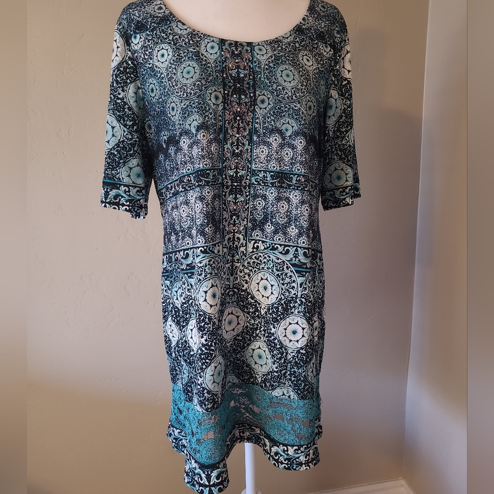 STYLE & CO Turquoise Womens Dress Size Large Tunic Lace sd